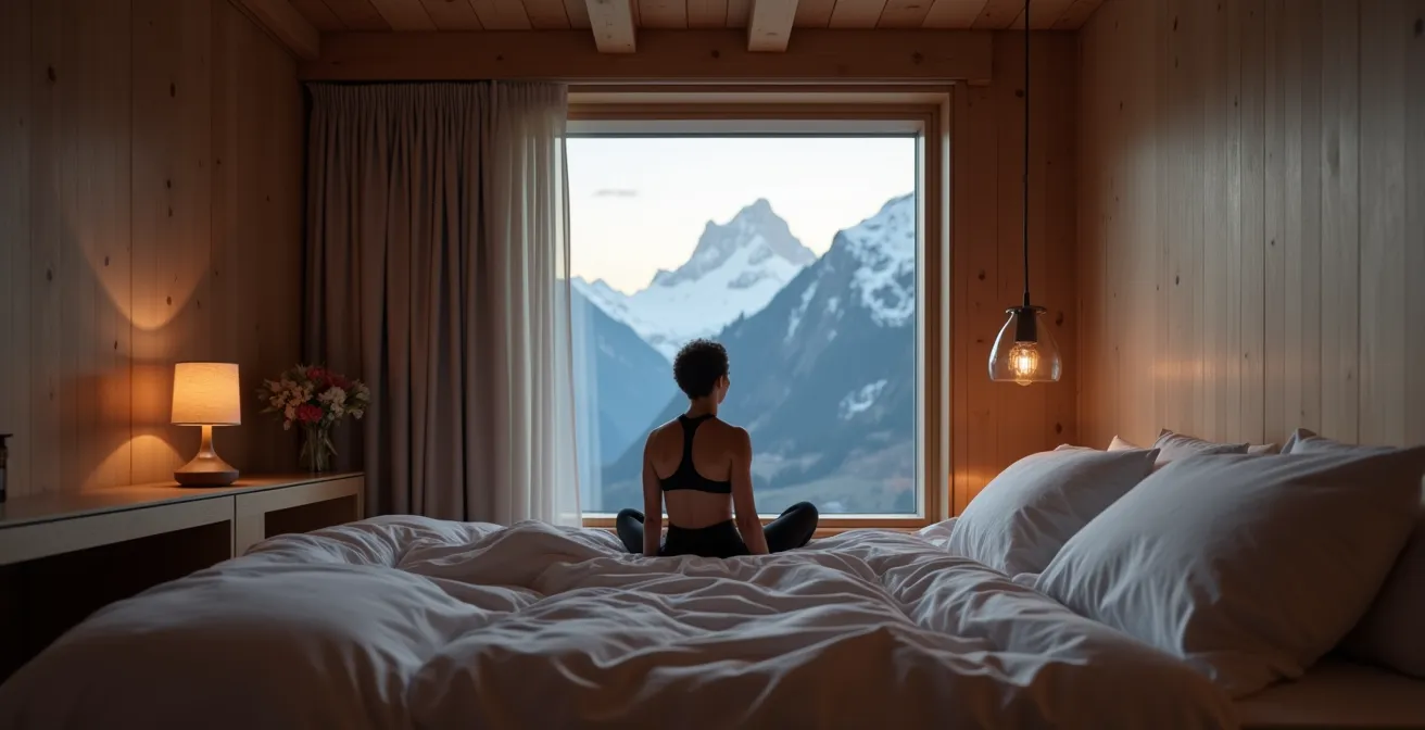 Entspannter Sportler in abgedunkeltem Schlafzimmer mit Bergen im Hintergrund, der sich nach der PMR auf den Schlaf vorbereitet.