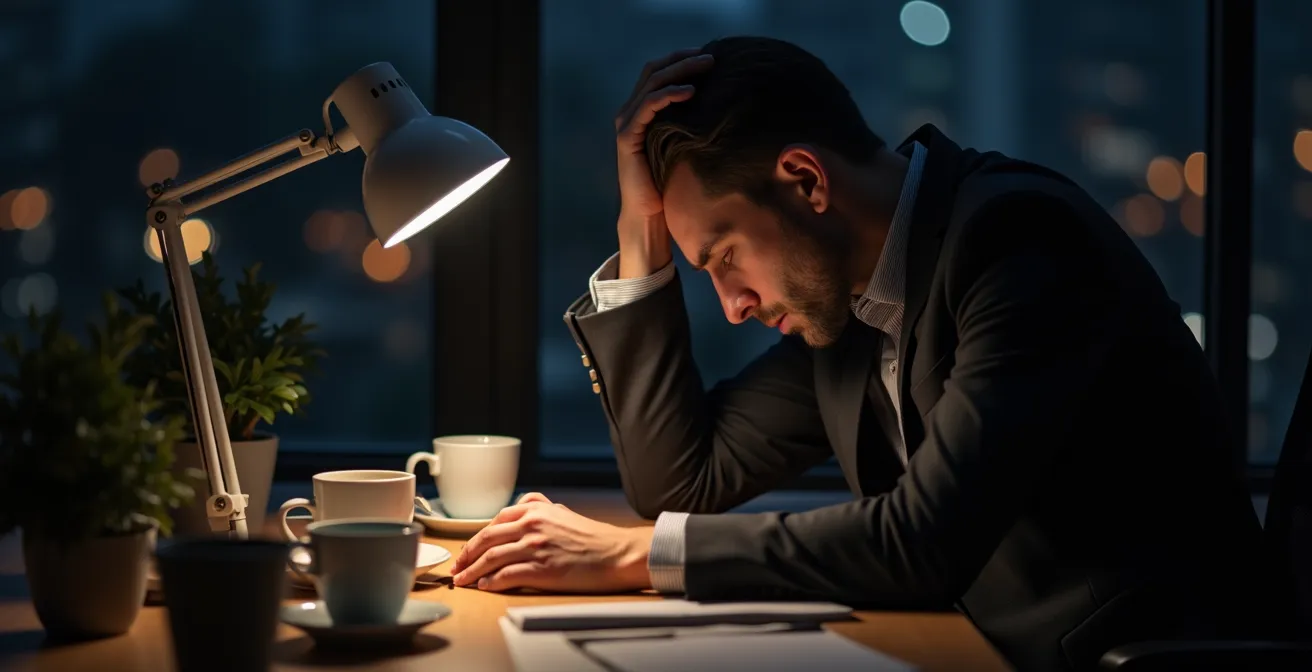 Erschöpfter Manager am späten Abend im Büro, Sinnbild für die Schweizer Arbeitskultur