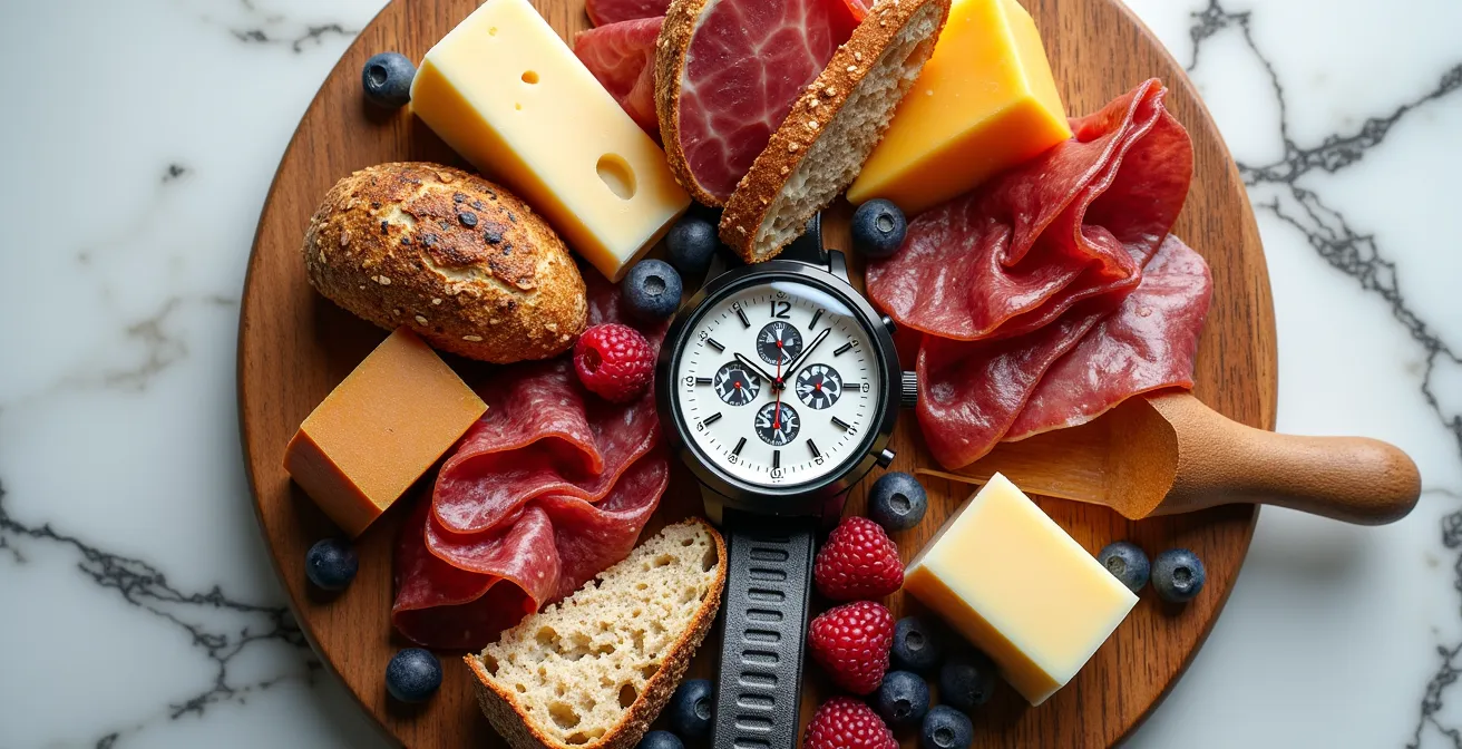 Makroaufnahme von traditionellen Schweizer Lebensmitteln und einer Sportuhr
