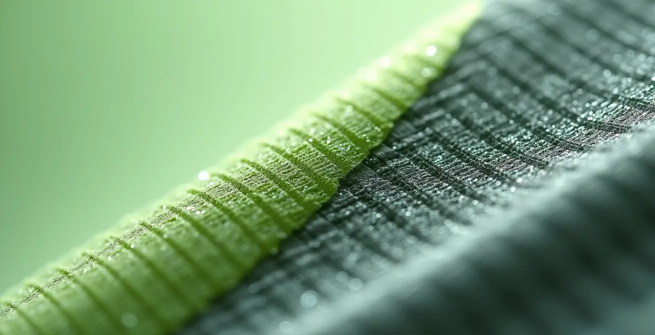 Nahaufnahme, die den Übergang von Rizinusbohnen zu einem gewebten, zirkulären Schuhmaterial darstellt.