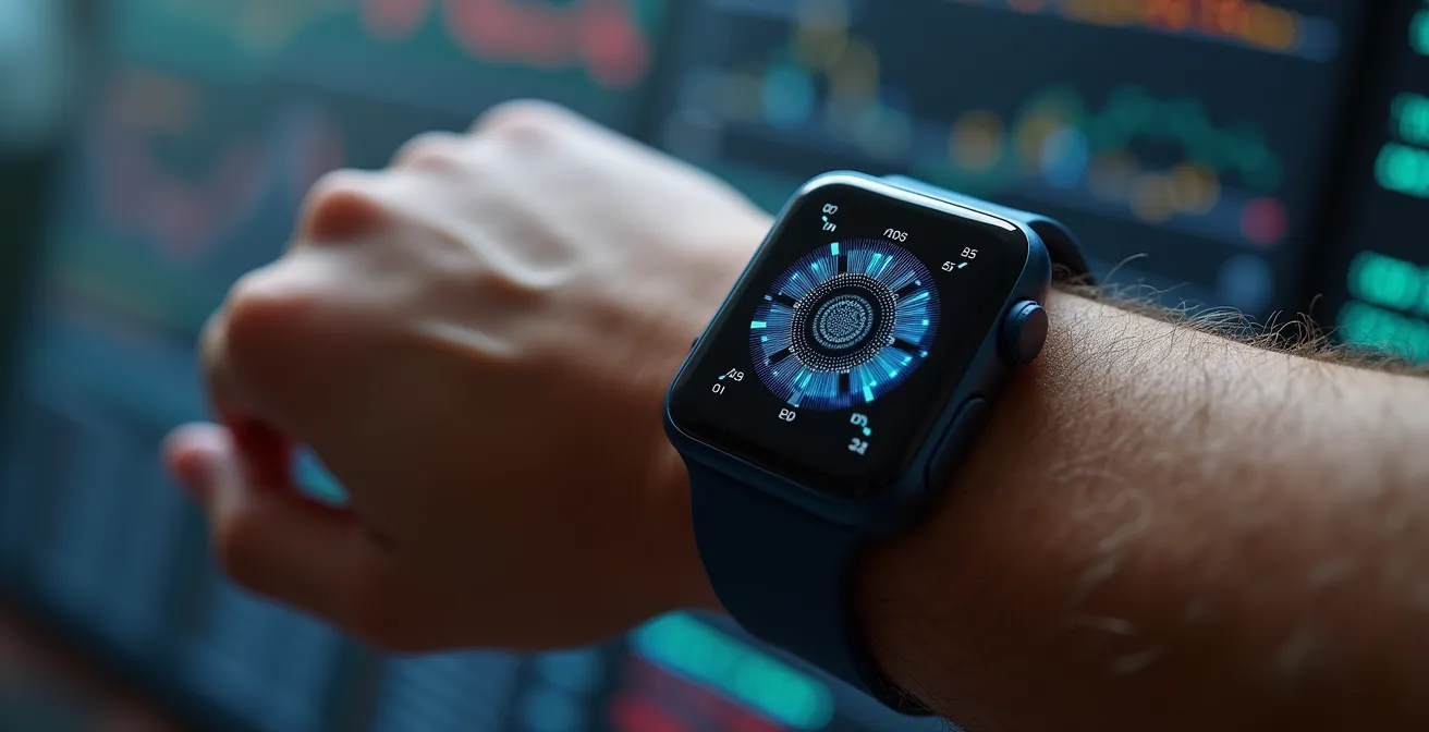 Makroaufnahme eines Fitness-Tracking-Armbands mit sichtbaren Sensoren und Datenpunkten