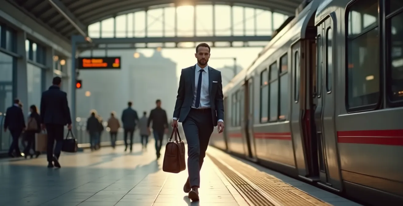 Eine Person in Business-Kleidung steigt entschlossen aus einer S-Bahn in der Schweiz und geht zu Fuss weiter, was die Integration von Bewegung in den Alltag symbolisiert.
