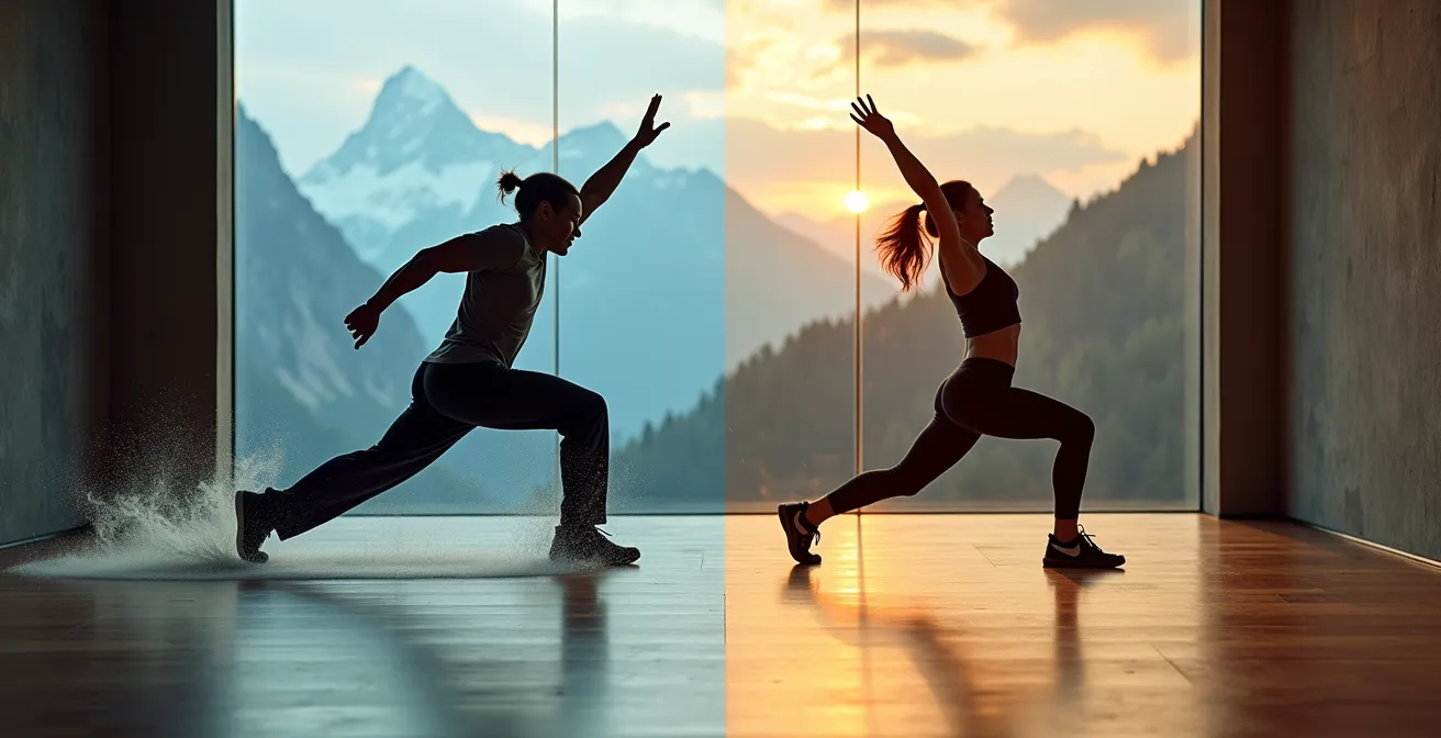 Splitscreen zeigt intensive HIIT-Übung links und ruhige Yoga-Pose rechts