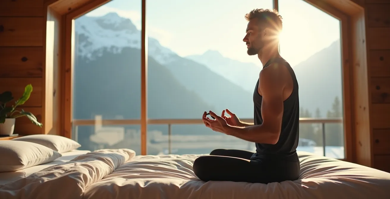 Sportler führt morgendliche HRV-Messung mit Blick auf Schweizer Alpen durch