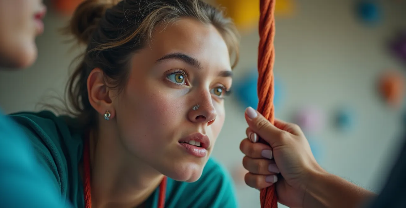 Kletterer sichert Partner in Schweizer Boulderhalle mit konzentriertem Blick