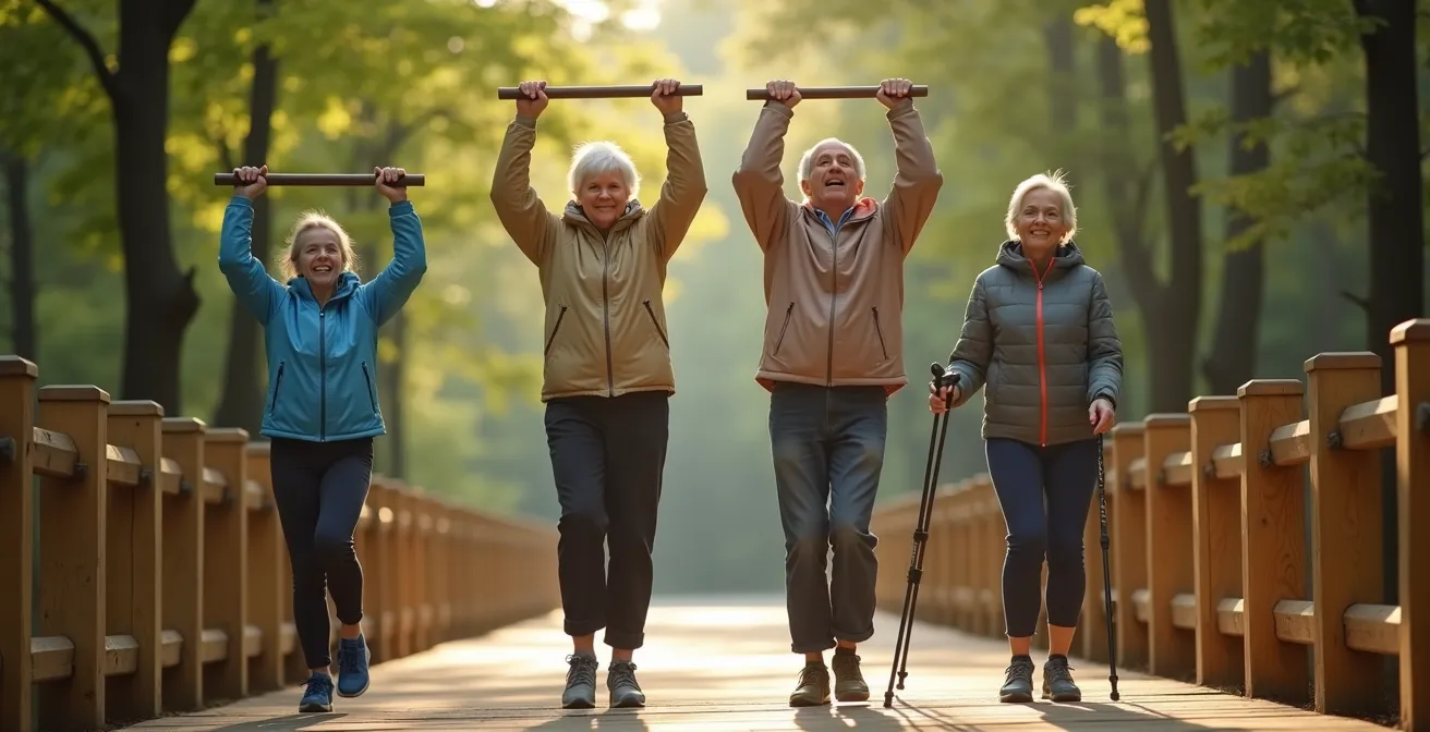 Vier Generationen beim gemeinsamen Training auf einem Vita Parcours