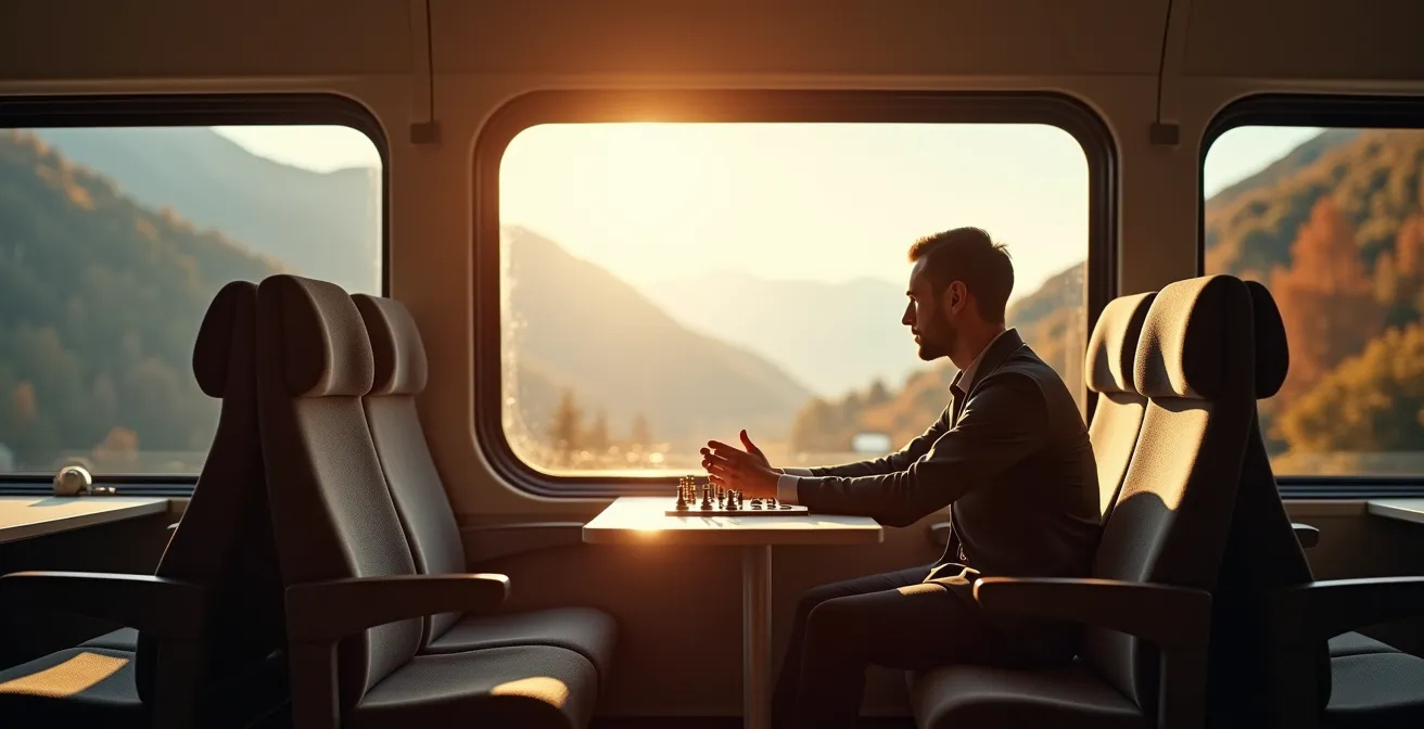 Pendler im Schweizer Zug beim strategischen Spiel auf Mobilgerät