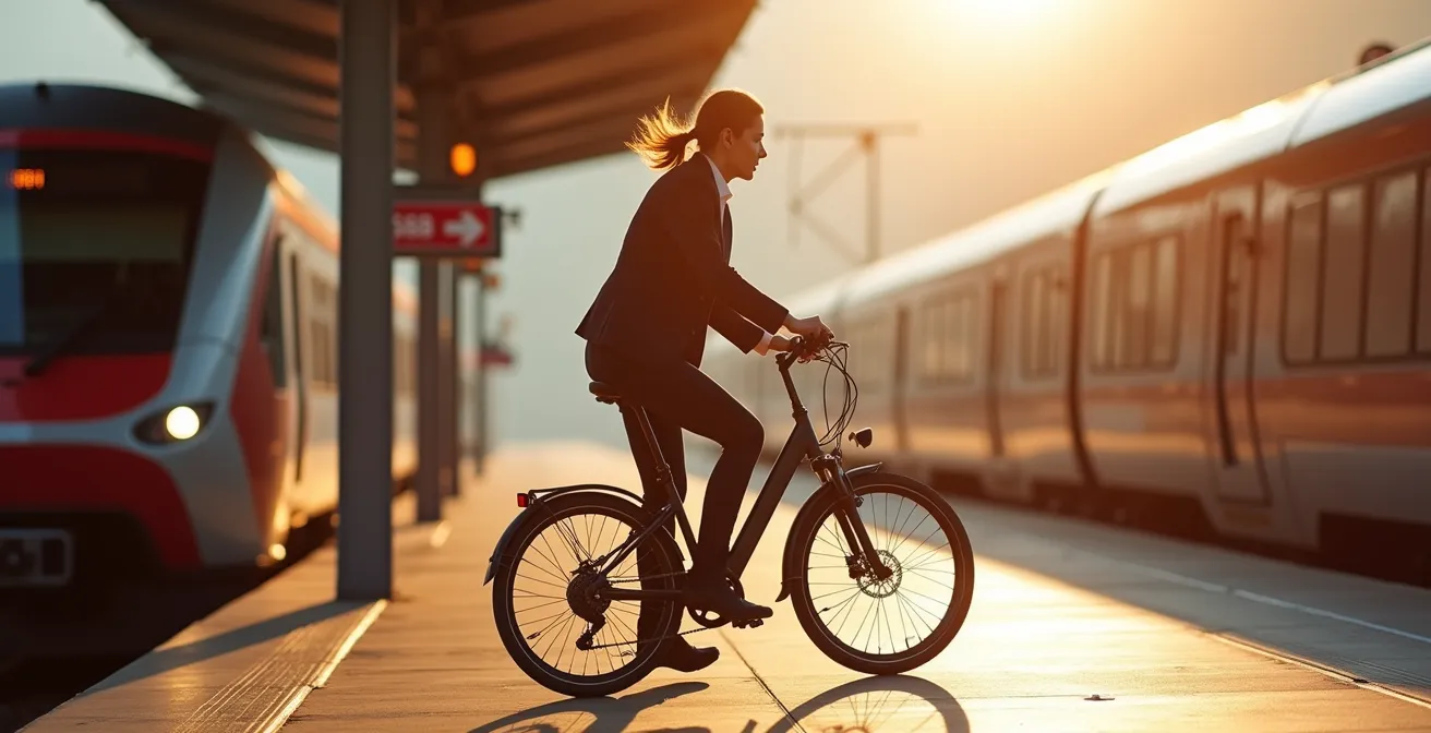 Pendler mit Faltrad am Schweizer Bahnhof in der Morgensonne