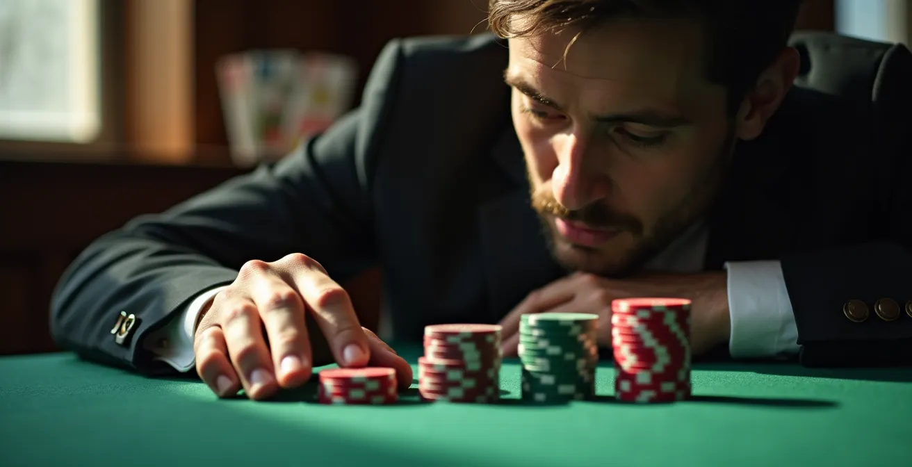Ein konzentrierter Pokerspieler analysiert Chip-Stapel und Wahrscheinlichkeiten als Visualisierung des Risikomanagements.