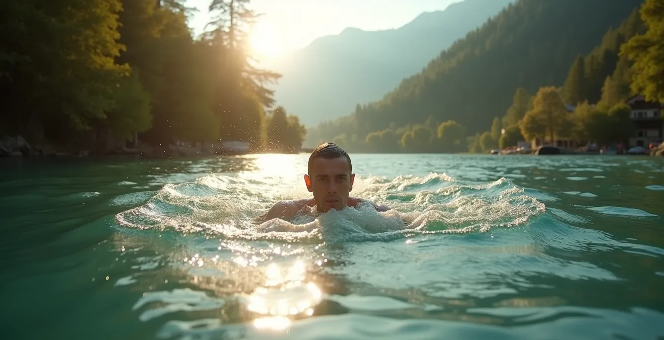 Ein Schwimmer in der Aare, der mit den natürlichen Strömungsbewegungen spielt und so Kreativität durch Bewegung in der Schweiz verkörpert.
