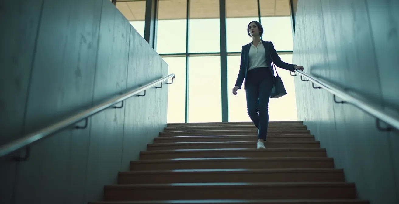 Geschäftsperson übt achtsames Treppensteigen in einem modernen Bürogebäude in Zürich