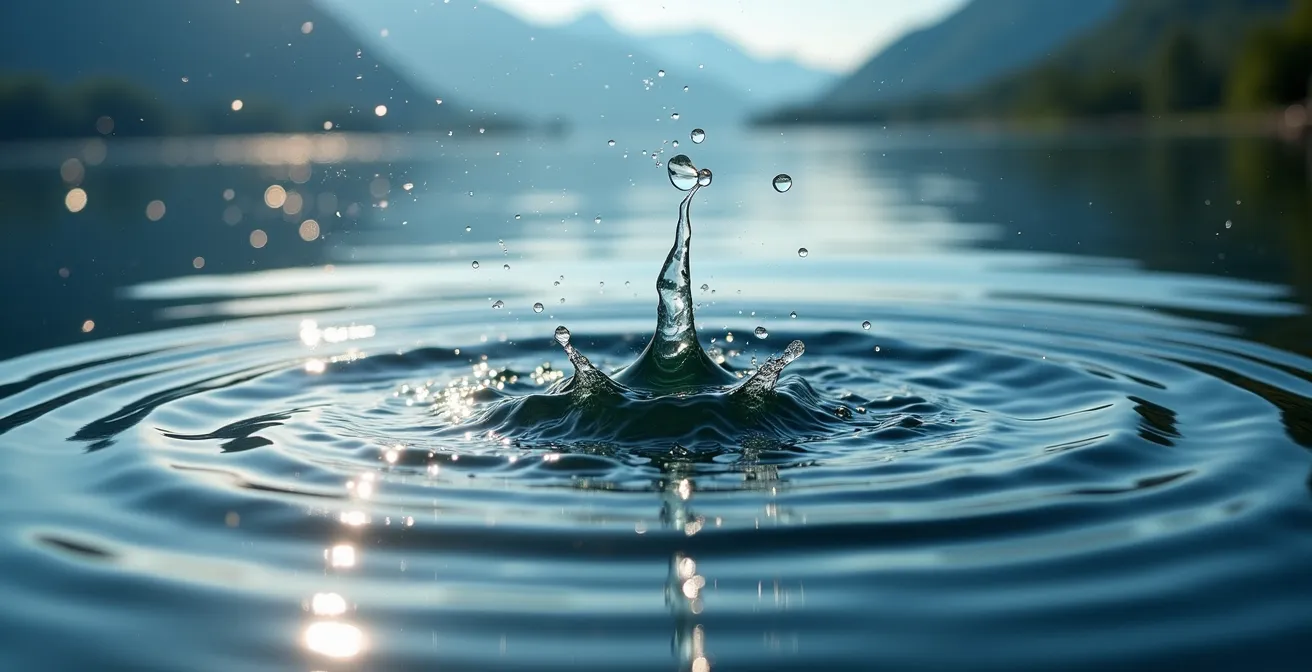 Nahaufnahme von Ruderschlägen auf einem ruhigen Schweizer See, die die rhythmische und beruhigende Wirkung des Sports illustriert.