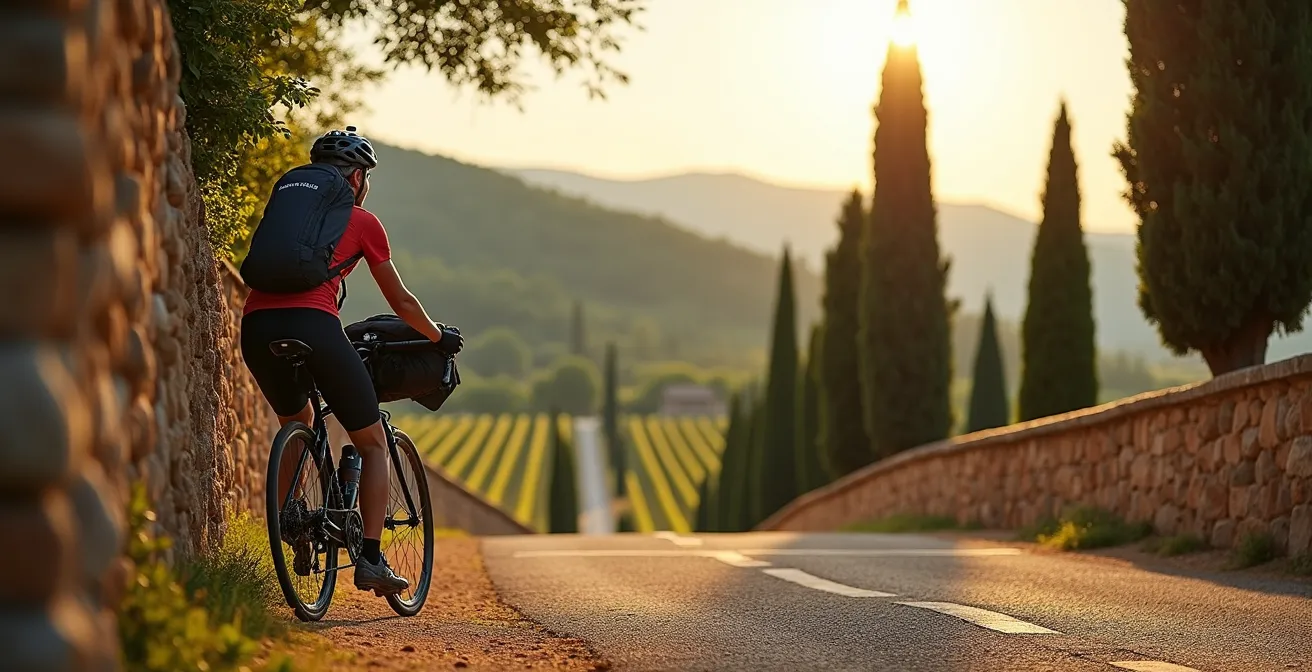Radfahrer pausiert neben seinem Tourenrad vor einer toskanischen Villa umgeben von Zypressen und Weinbergen