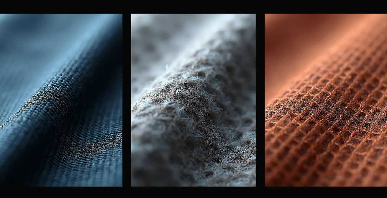 Mikroskopische Ansicht verschiedener Sportbekleidungsmaterialien, die die Texturen von Synthetik, Wolle und einer wasserdichten Membran vergleicht.