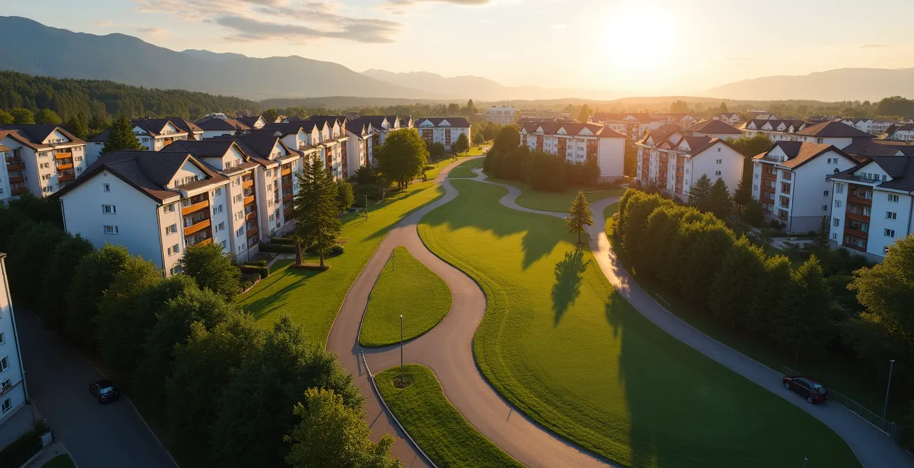 Luftaufnahme eines Schweizer Wohnquartiers mit sichtbaren Laufwegen und Sportanlagen in der Nähe