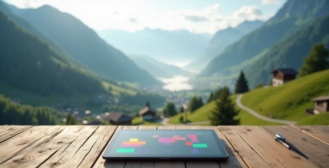 Dashboard-Visualisierung von Trainingsdaten über drei Monate mit Schweizer Bergpanorama