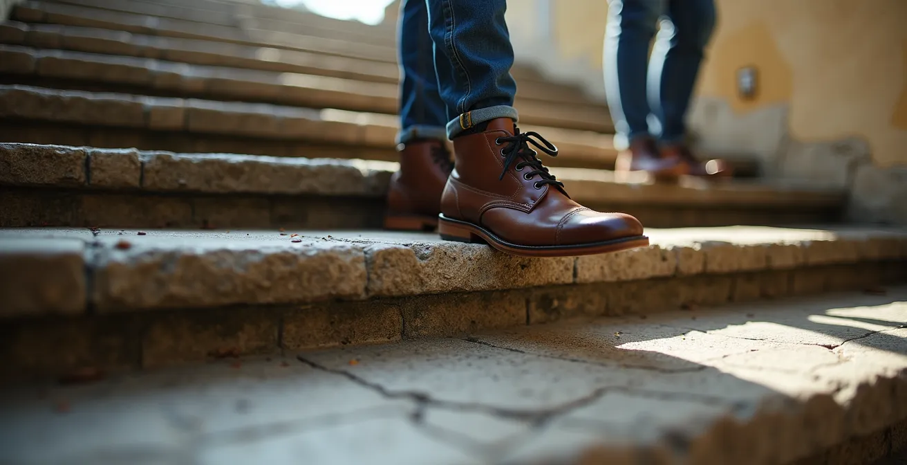 Detailaufnahme von Füssen auf historischen Steinstufen in Bern mit Fokus auf Bewegung