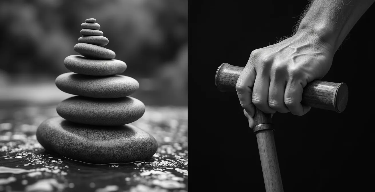 Metaphorische Darstellung von Muskelkapital als Altersvorsorge, mit gestapelten Steinen neben einer starken Hand.