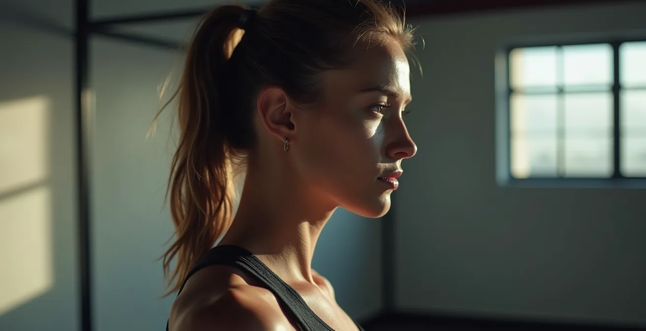 Athlet allein im Trainingsraum mit Reflexion im Spiegel