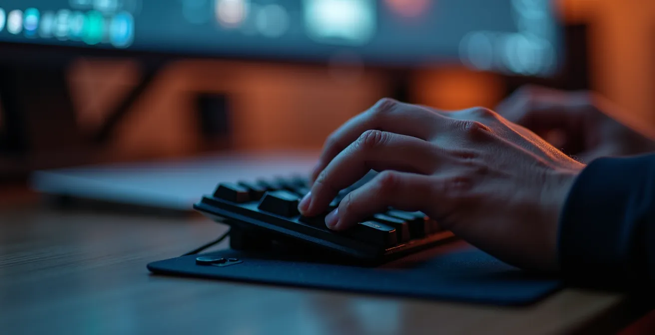 Duales System E-Sport und Ausbildung visualisiert durch Hände auf einer Tastatur mit Lernmaterialien im Hintergrund