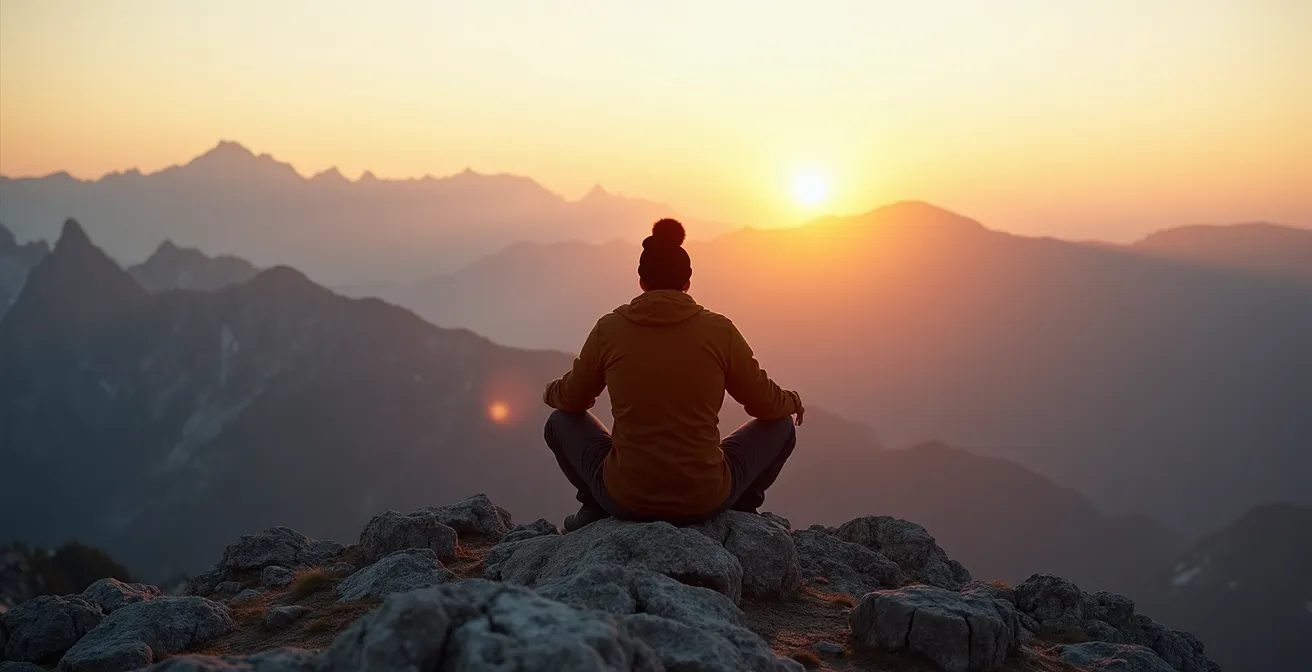 Bergsteiger in meditativer Haltung auf Berggipfel bei Sonnenuntergang
