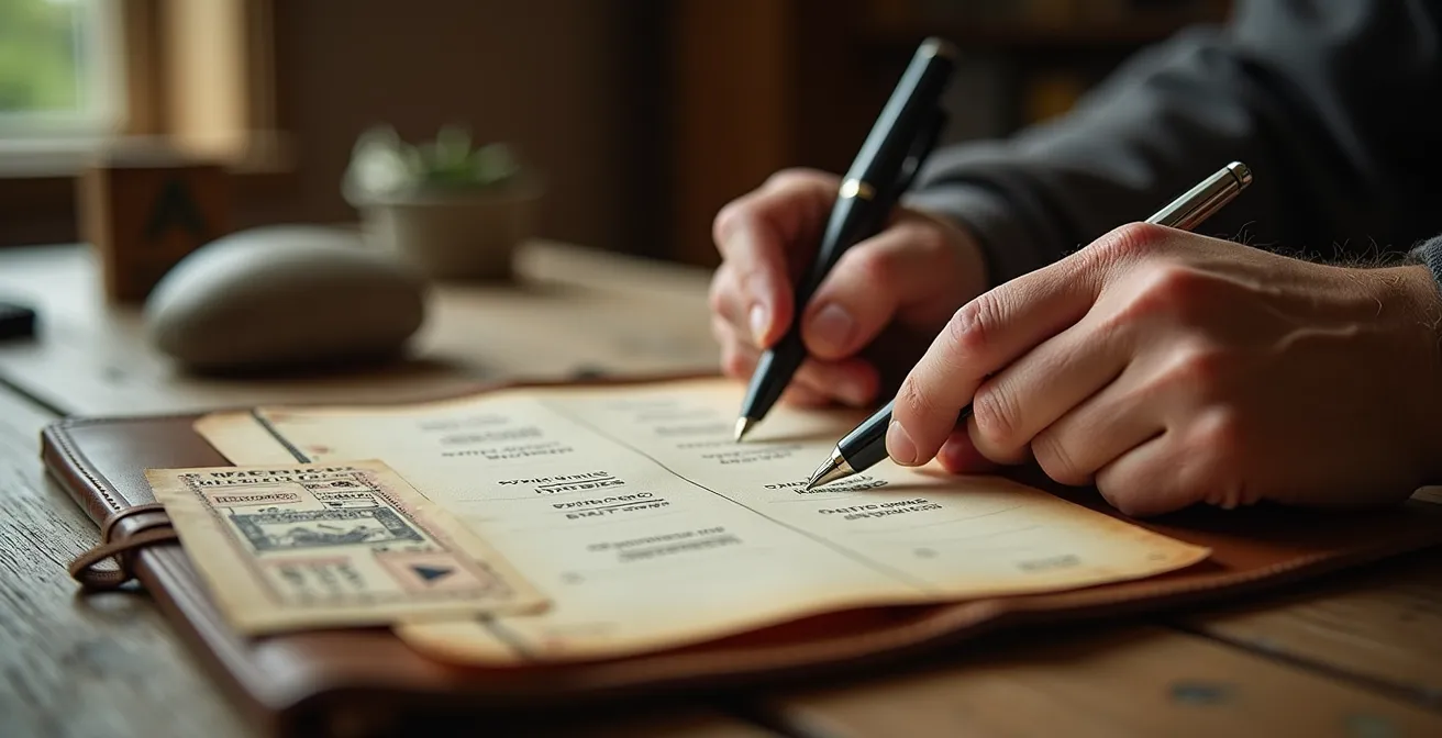 Person schreibt in Tagebuch mit Bungee-Ticket und kleinem Stein als Erinnerungsstücke