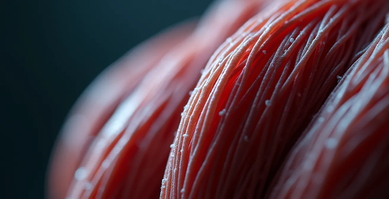 Makroaufnahme von Muskelgewebe und Sehnen unter Belastung