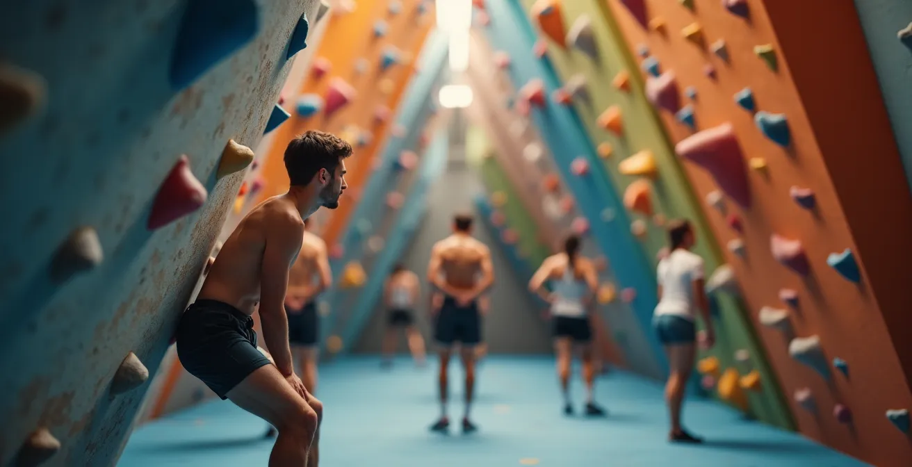 Boulderhalle in der Schweiz mit Kletterern, die in verschiedenen Entfernungen klettern und Konzentration zeigen.