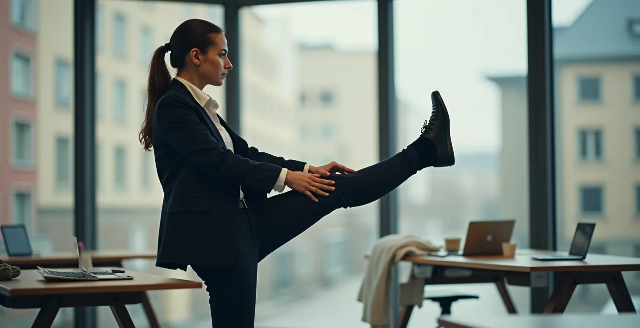 Büroumgebung mit subtilen Bewegungselementen für Koordinationsübungen ohne sichtbare Geräte oder Texte