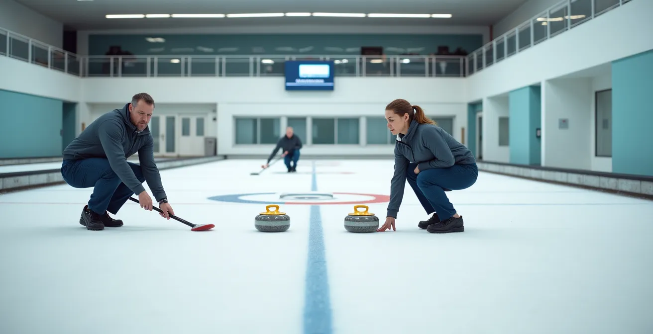 Erwachsene Führungskräfte beim strategischen Curling-Training in einer Schweizer Halle