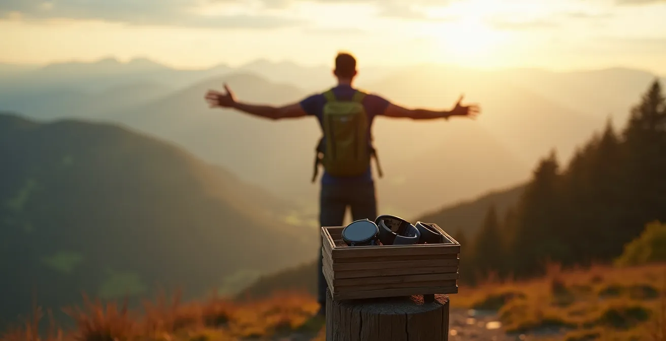 Wanderer geniesst Natur ohne digitale Geräte im Schweizer Jura
