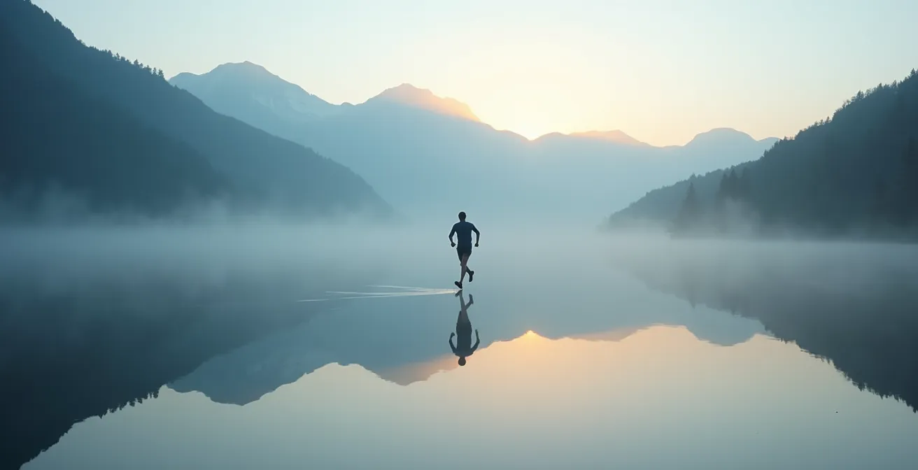 Einzelner Läufer am frühen Morgen an einem ruhigen Schweizer See