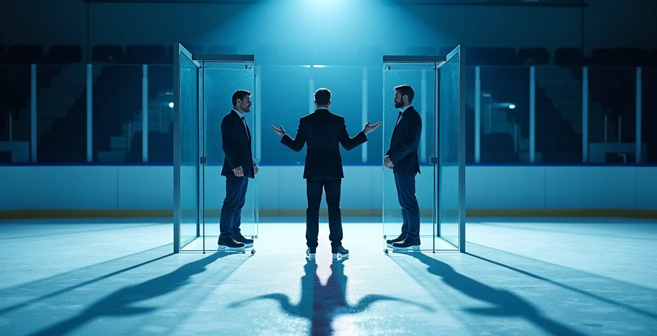 Eishockey-Captain vermittelt zwischen Teammitgliedern auf einer Schweizer Eisbahn