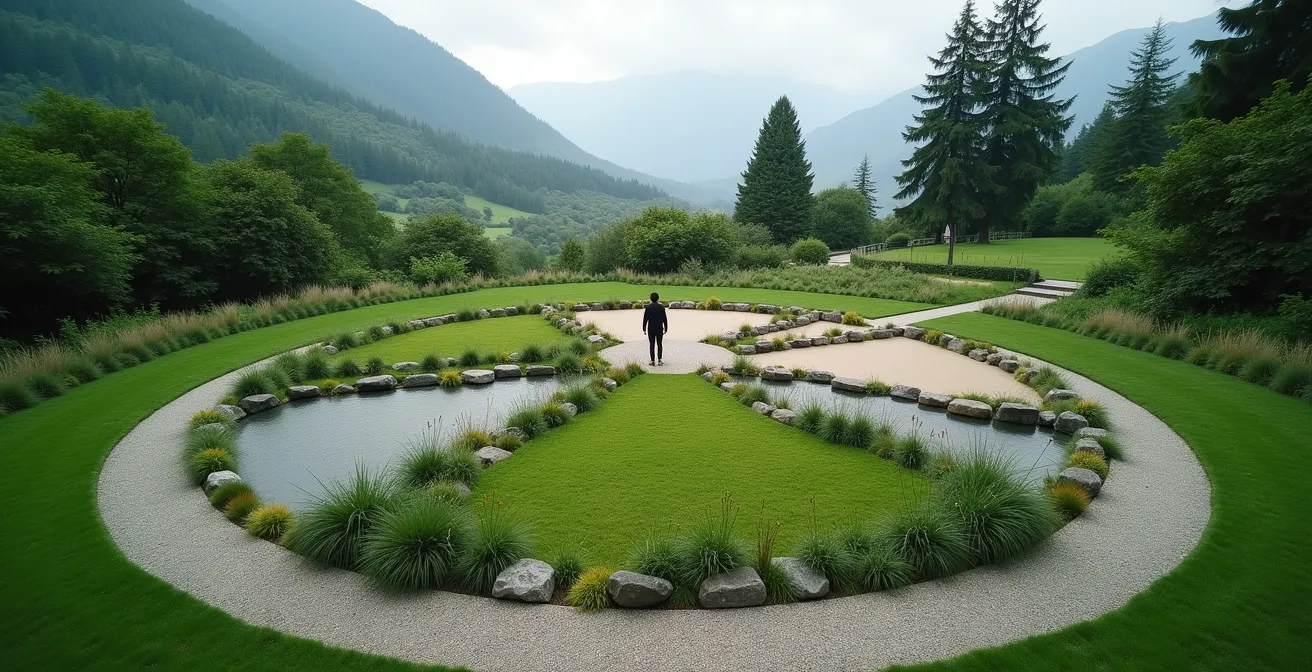 Kreisdiagramm als physische Installation in einer Schweizer Landschaft, das verschiedene Freizeitaktivitäten darstellt