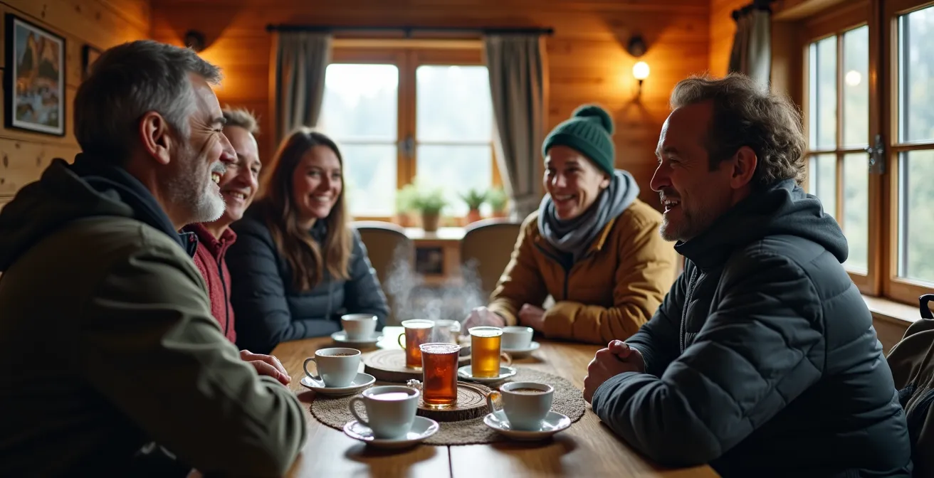 Wandergruppe macht Pause in einer Schweizer Berghütte mit warmem Licht