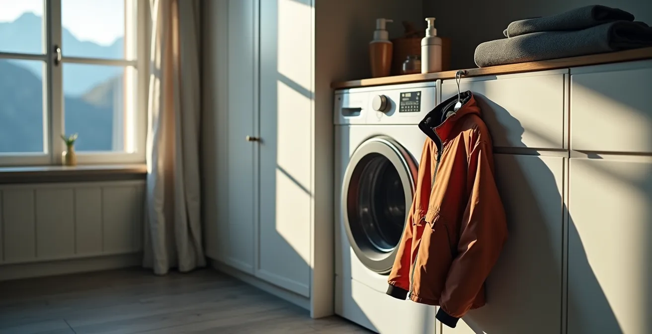 Detailaufnahme einer technischen Outdoorjacke in Waschmaschine mit Pflegemitteln