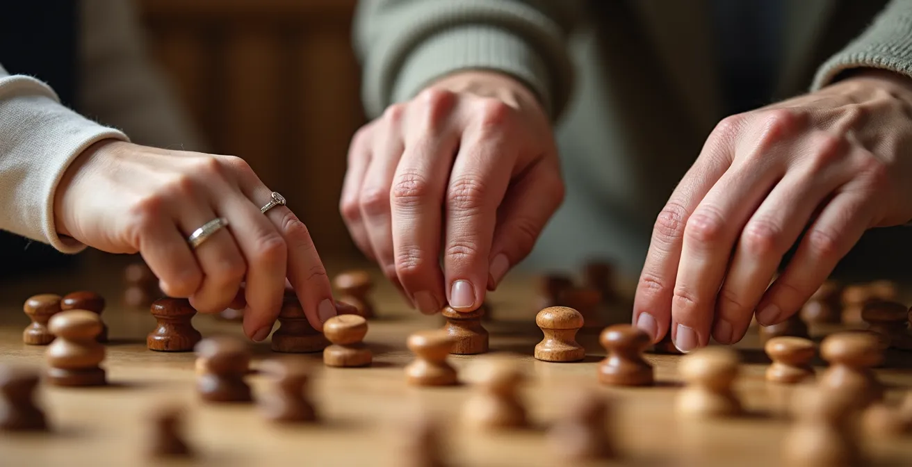 Nahaufnahme von Händen verschiedener Generationen beim Bewegen von Holzfiguren auf einem Brettspiel