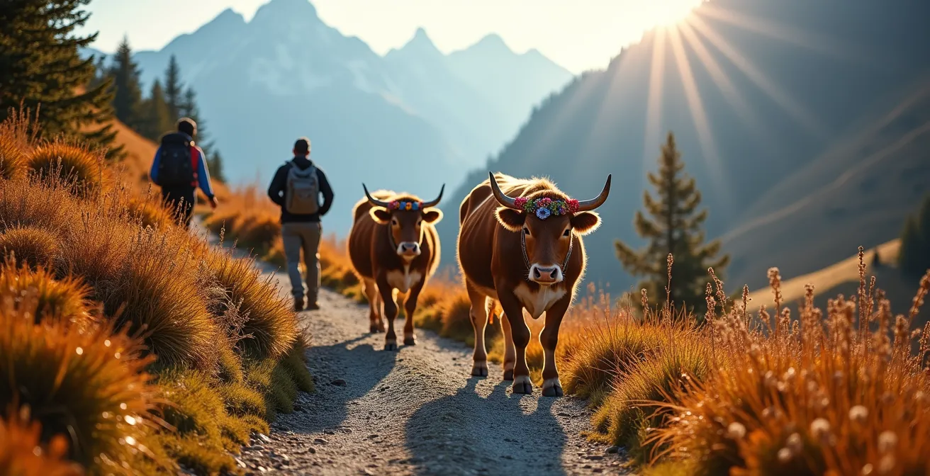 Traditioneller Alpabzug mit geschmückten Kühen und Wanderern im Herbst
