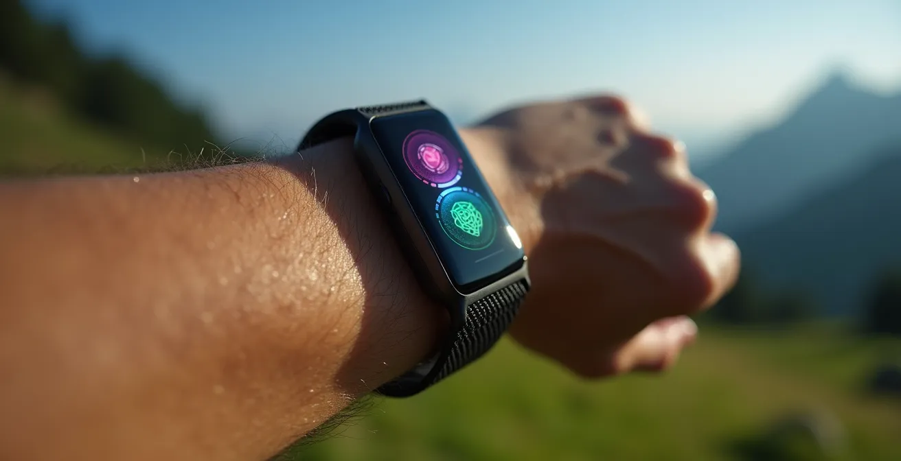 Makroaufnahme eines Pulsmessers am Handgelenk mit unscharfen Schweizer Bergen im Hintergrund