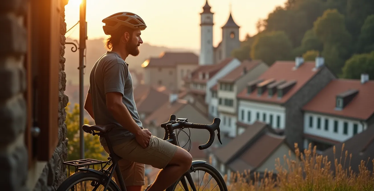 Radfahrer pausiert vor historischem Schweizer Städtchen mit traditioneller Architektur