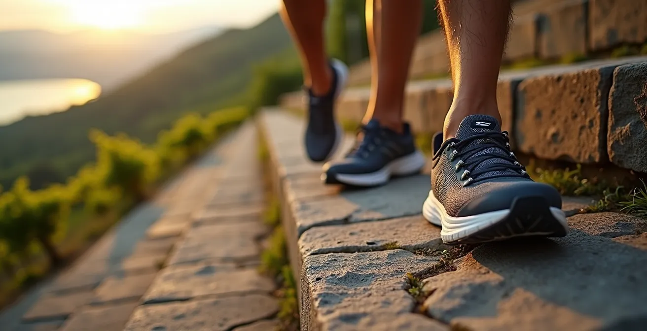 Nahaufnahme von Sportschuhen bei einem intensiven Treppentraining in den Weinbergterrassen von Lavaux, Schweiz.