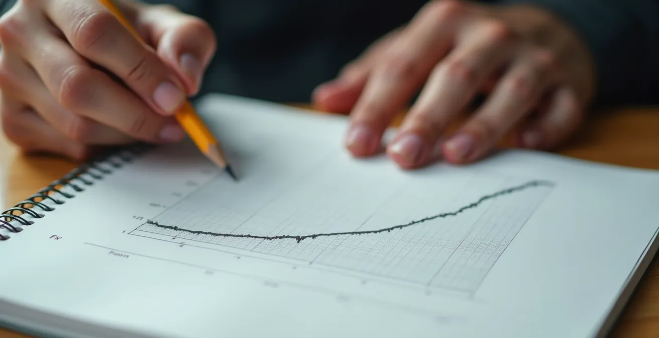Nahaufnahme eines Sportlers beim Studieren von Leistungsdiagrammen auf einem Notizbuch