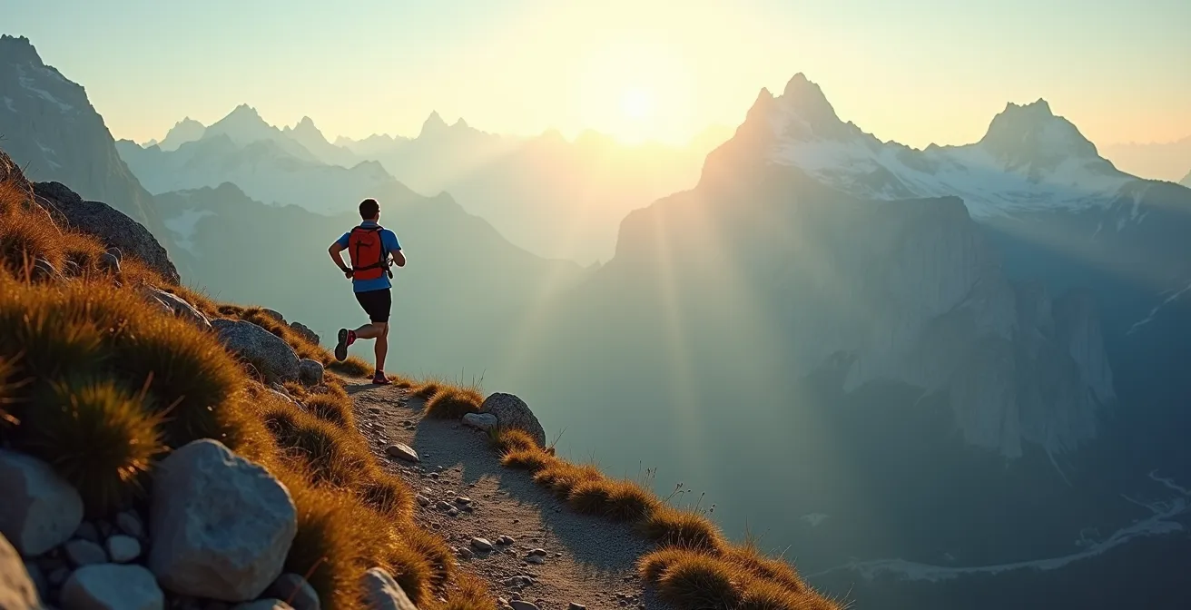 Läufer bei extremer Berglauf-Herausforderung in den Schweizer Alpen