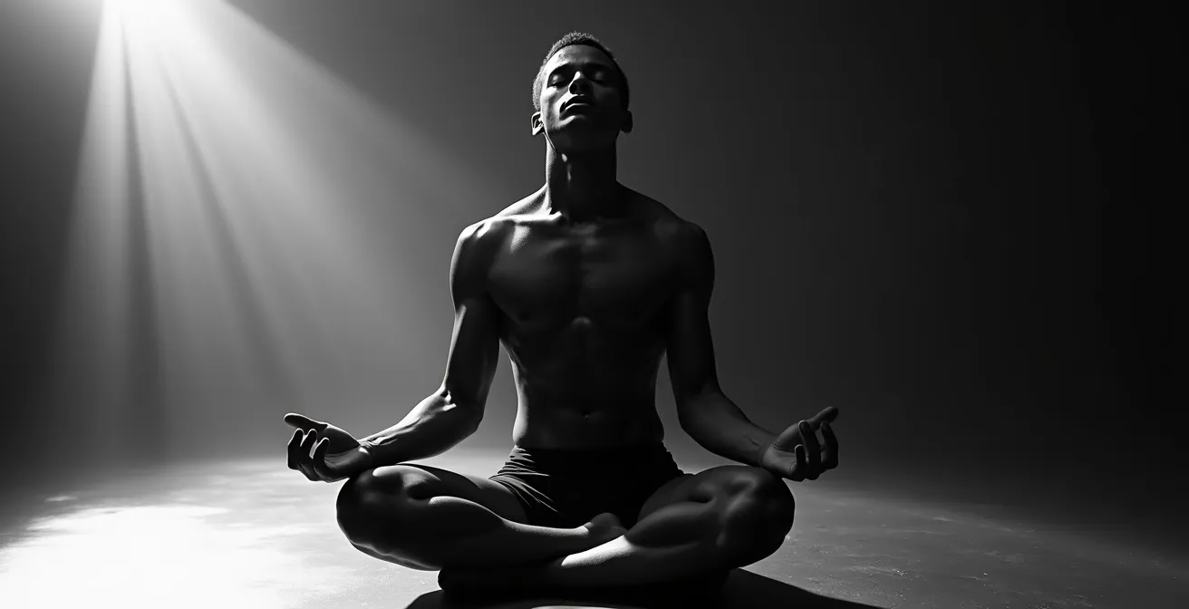 Nahaufnahme eines Athleten in meditativer Pose mit sichtbaren Muskelkonturen und friedlichem Gesichtsausdruck