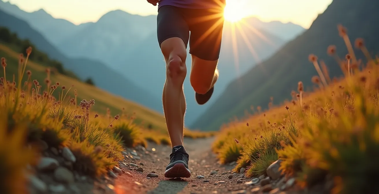 Läufer mit Kompressionstights beim Bergabstieg in den Schweizer Alpen