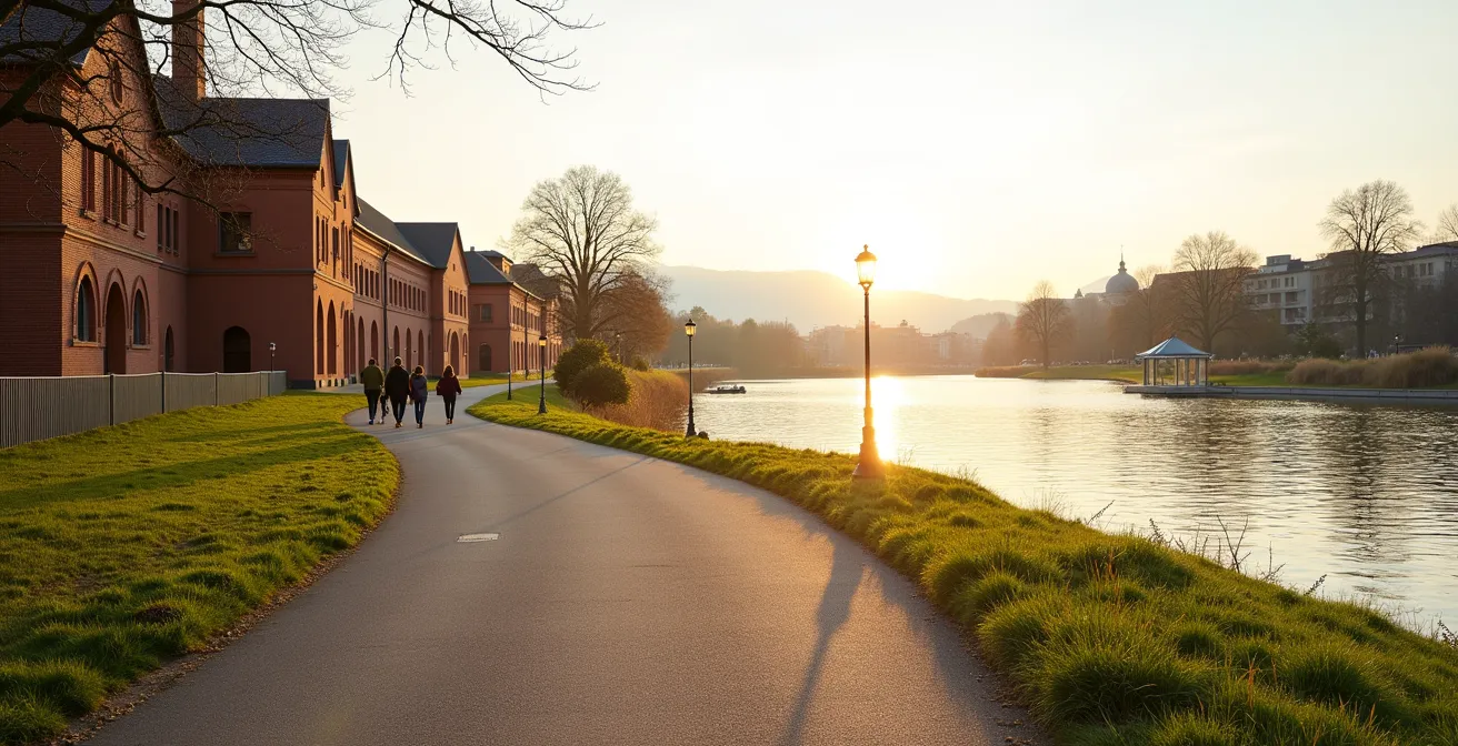Weitwinkelaufnahme des Rheinufers in Basel mit sichtbaren Museumsgebäuden und Spaziergängern auf dem Uferweg