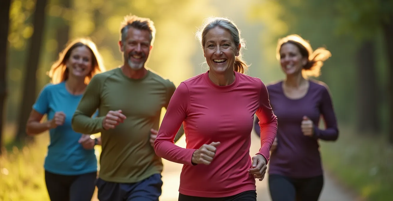 Gruppe von Läufern mittleren Alters auf einem Schweizer Waldweg im Morgenlicht