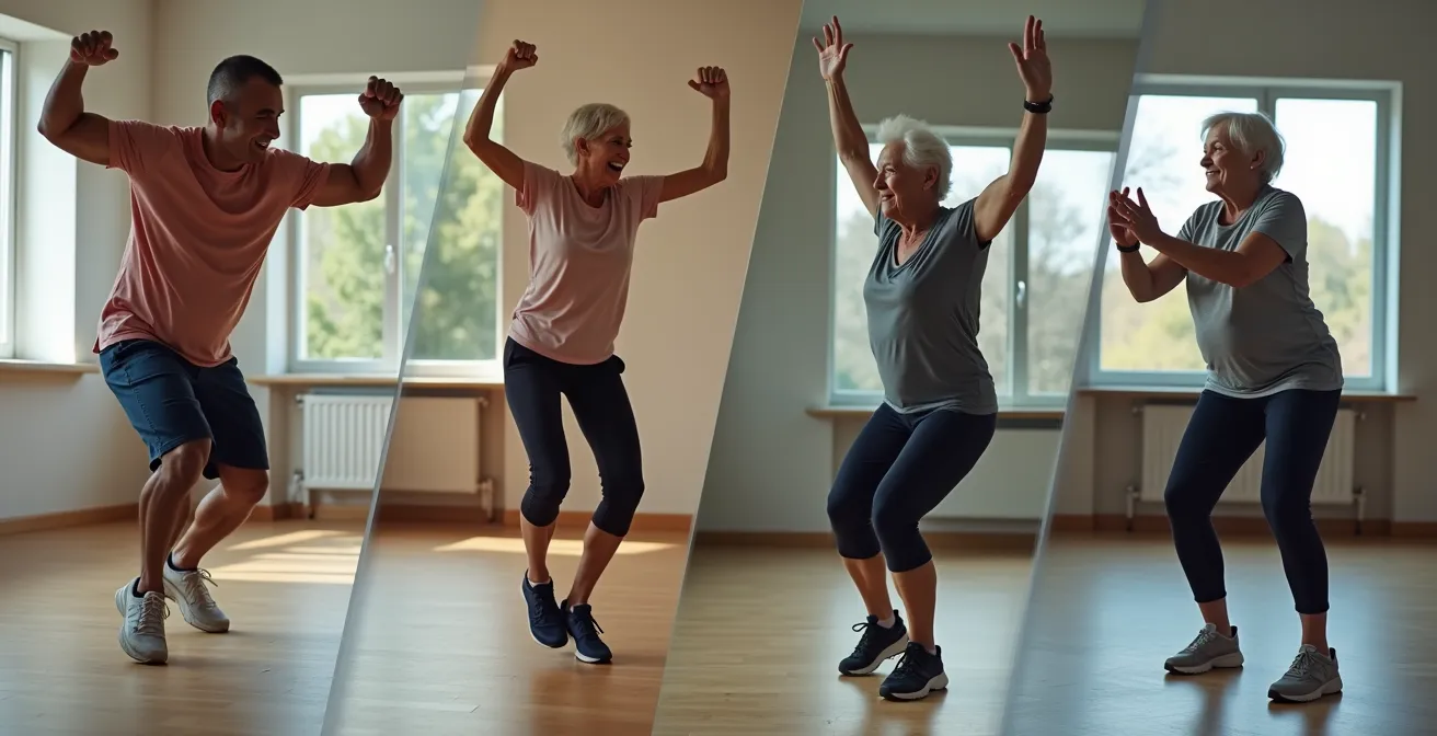 Vier Generationen beim altersgerechten Training, die in Quadranten die Anpassung der Prävention über das Leben hinweg symbolisieren.