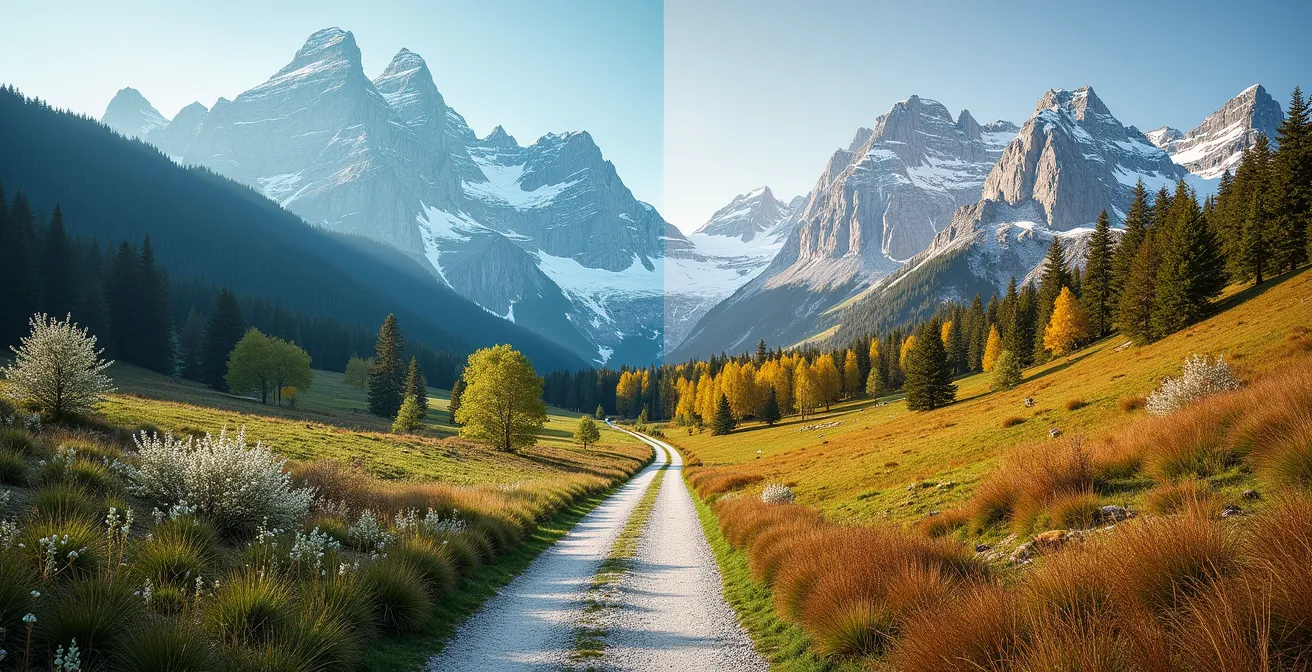 Vier Jahreszeiten in den Schweizer Alpen als Symbol für Lebenszyklen