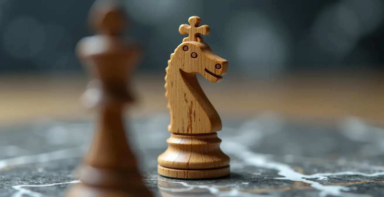 Extreme Nahaufnahme einer Schachfigur mit sichtbaren Holzmaserungen und Lichtreflexionen